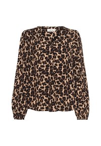 Blouse à imprimé léopard en beige et noir, avec un col en V, des manches longues bouffantes et une coupe décontractée. Tissu doux et texturé.