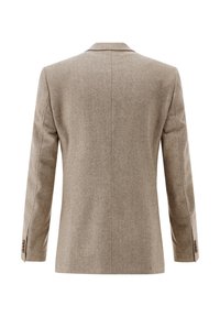 Hellbrauner Wollmischblazer mit Fischgratmuster, mit Reverskragen, langen Ärmeln und Knopfakzenten an den Manschetten. Glatte Textur, taillierte Passform.