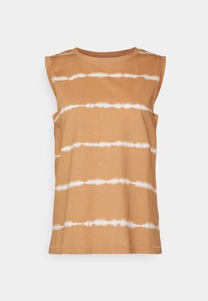 Top sem mangas castanho em algodão suave com riscas em tie-dye branco. Decote redondo e um corte descontraído, apresentando uma bainha reta.