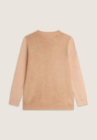 Hellbeiger Pullover mit langen Ärmeln, geripptem Halsausschnitt und unterem Saum, der eine glatte Textur und eine lockere Passform bietet.