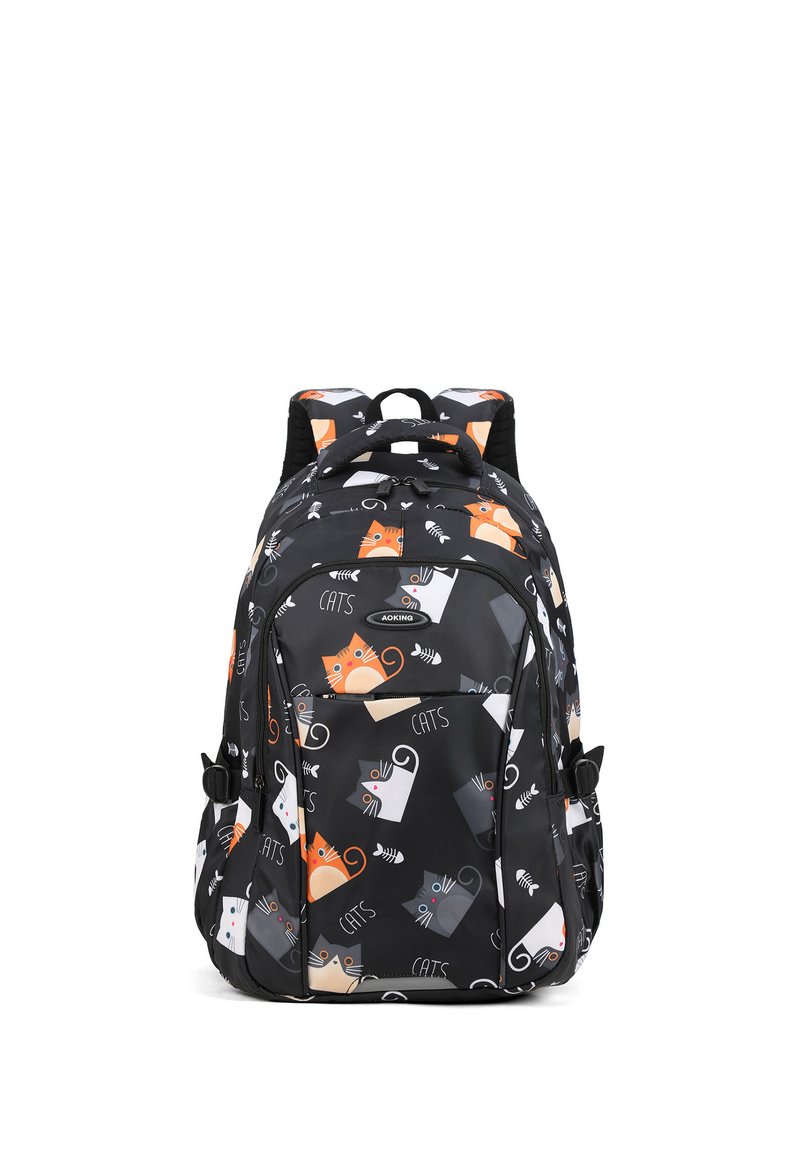 Sac à dos noir avec un motif de chat en orange, gris et blanc. Comprend des bretelles réglables, une poche avant et un panneau arrière rembourré.