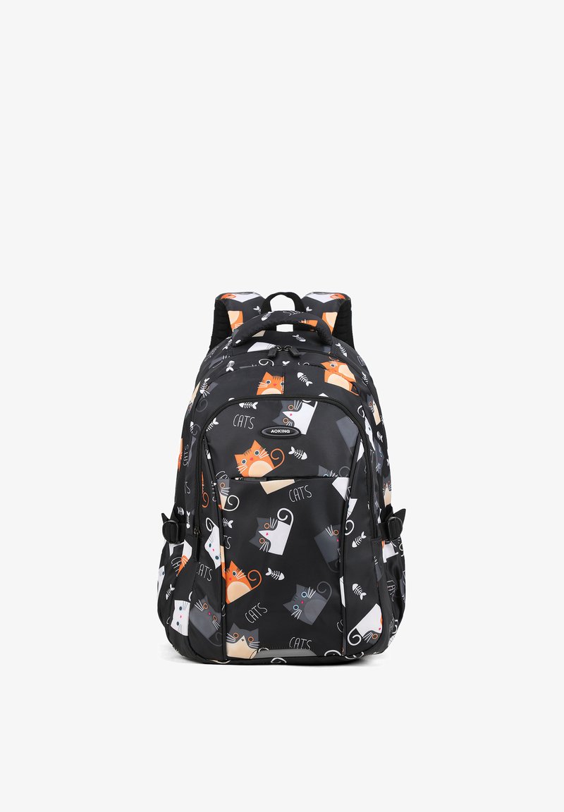 Zaino nero con un motivo a gatti in arancione, grigio e bianco. Include spallacci regolabili, una tasca anteriore e pannello posteriore imbottito.