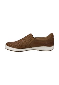 Brown slip-on shoes featuring woven leather upper, elastic side panels, and a white rubber sole. Textured surface with smooth accents.