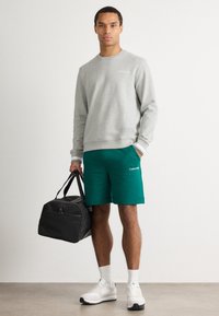Šedá mikina s kulatým výstřihem, zelené kraťasy s logem, bílé ponožky a tenisky. Černá sportovní taška s detaily na zip.