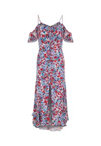 Robe fleurie en tissu bleu, rouge et blanc ; présente un design à épaules dénudées, un détail de nouage et une fente à l'avant pour plus de mouvement.