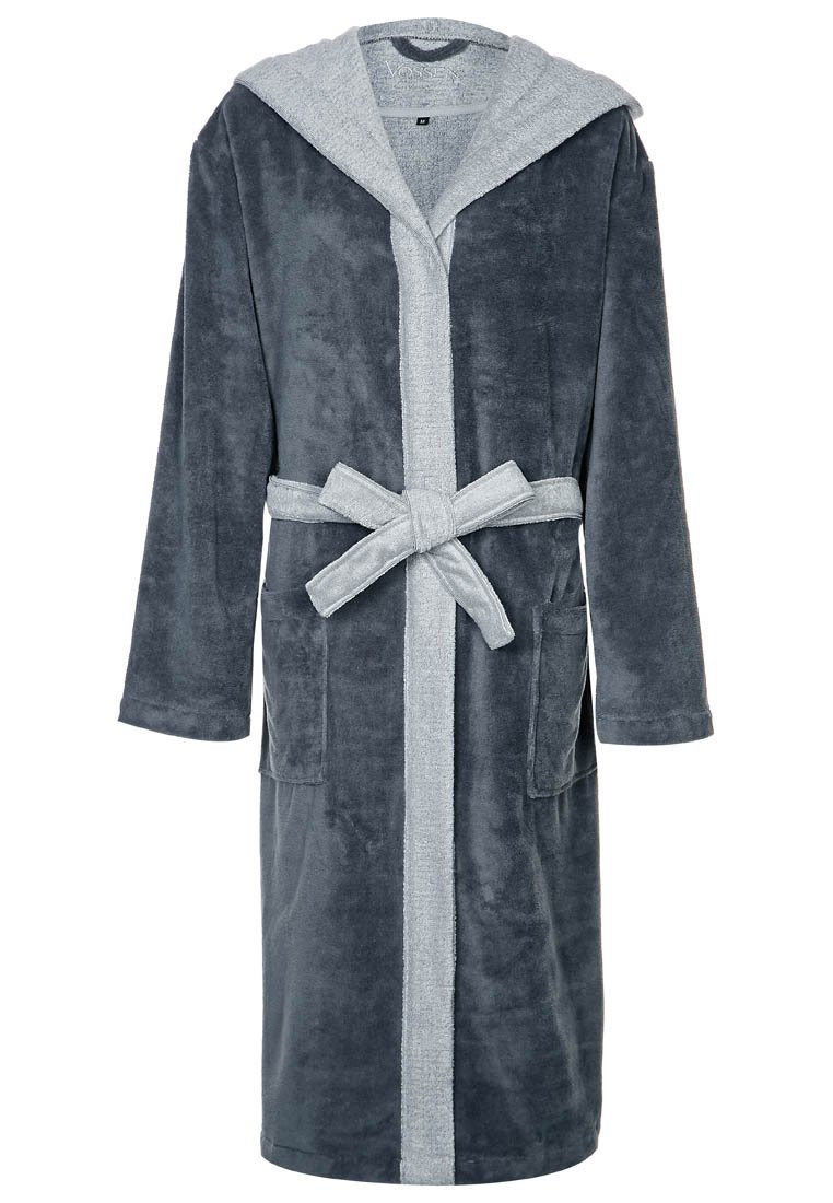 Gray fleece bathrobe with a light gray hood, two front pockets, and a matching fabric belt. Soft texture and mid-length design.