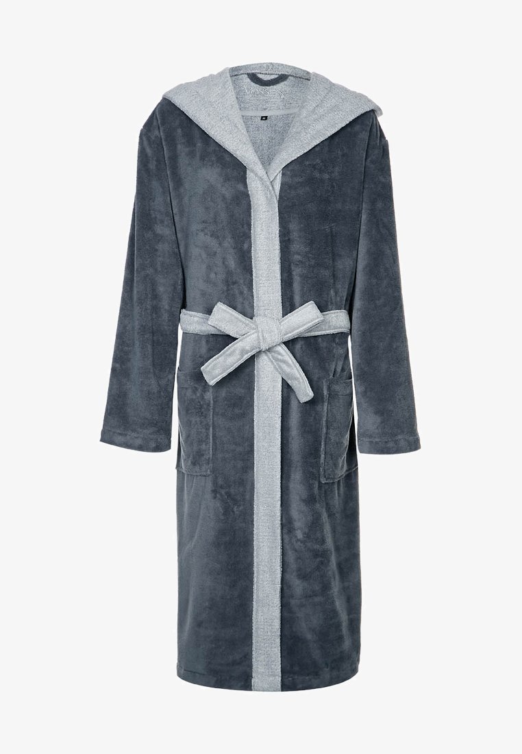 Gray fleece bathrobe with a light gray hood, two front pockets, and a matching fabric belt. Soft texture and mid-length design.