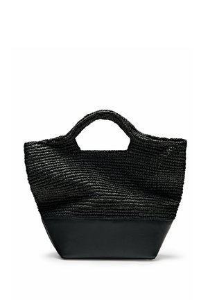 Black woven tote bag with short handles and smooth leather-like base, designed for casual or everyday use.