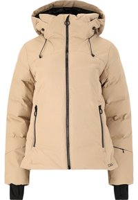 Beige dunjakke med hætte, lynlåslukning, justerbar snoretræk og elastiske manchetter. Har sorte lynlåse og mærkebeskrivelse på kanten.