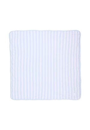 Cuscino rettangolare a righe verticali azzurre e bianche con bordi arrotondati, mostrato su sfondo bianco.