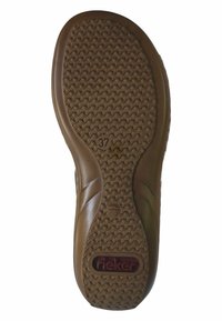 Brown rubber shoe sole with textured pattern, featuring a size indication (37) and brand logo "rieker" in red. Smooth edges and curved shape.