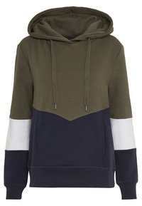 Sweatshirt com capuz em verde oliva, azul-marinho e branco. Apresenta um design em chevron, bolso frontal e fecho com cordão. Textura de tecido suave.