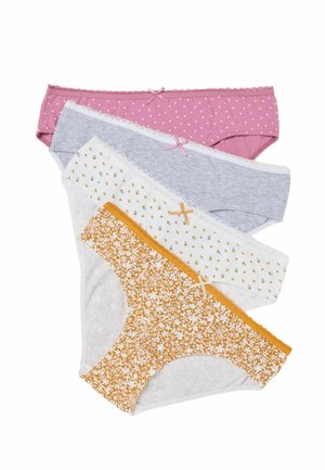 Vier Damen-Hipster-Slips in Rosa mit weißen Punkten, Grau mit Spitzenbesatz, Weiß mit kleinem Blumenmuster und Senf mit Blumenmuster.