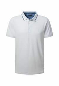 Weißes Poloshirt aus Baumwolle mit einem Kragen und einer Zwei-Knopf-Leiste sowie marineblauen Streifen am Kragen und den Ärmelkanten.