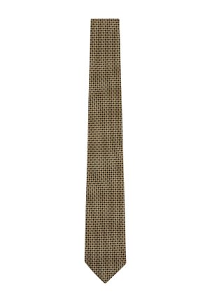 Brun slips med et gentagende lille diamant- og korsmønster i beige, vist mod en hvid baggrund.