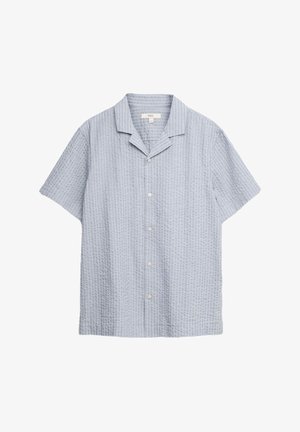 Camicia a maniche corte azzurro chiaro con motivo testurizzato, colletto a punta e chiusura con bottoni. Realizzata in tessuto morbido per una sensazione traspirante.
