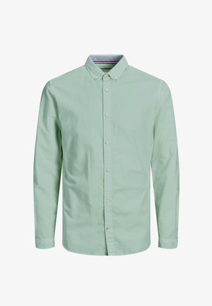 Világoszöld, hosszú ujjú, pamut ing, gombos gallérral és elöl gombokkal, finom textúrával és laza szabással.