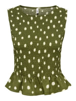 Blouse verte sans manches à pois blancs, texture smockée, col rond et ourlet à volants.