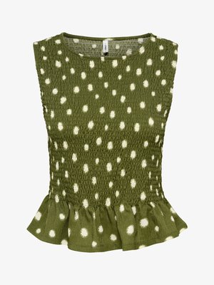 Blouse verte sans manches à pois blancs, texture smockée, col rond et ourlet à volants.