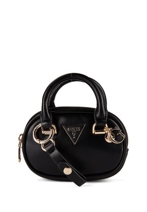 Sac à main compact en cuir noir avec poignées arrondies, garnitures dorées et logo Guess triangulaire sur le devant.