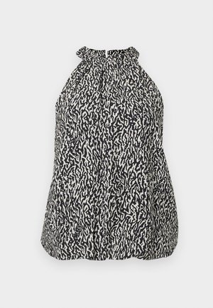 Top halter neck alb-negru cu un model abstract, având un guler strâns și o siluetă lejeră pentru o potrivire liberă.