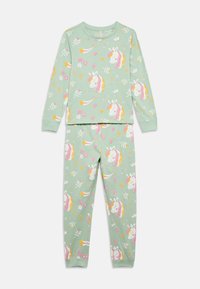 Σετ πυτζάμες ανοιχτού πράσινου χρώματος με μακριά μανίκια και ελαστικές μανσέτες, διακοσμημένο με πολύχρωμους μονόκερους, λουλούδια και αστέρια σε διάφορα σχέδια.