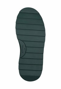 Suola di gomma verde con scanalature orizzontali, punta arrotondata e un piccolo etichetta in rilievo che indica la taglia 37.