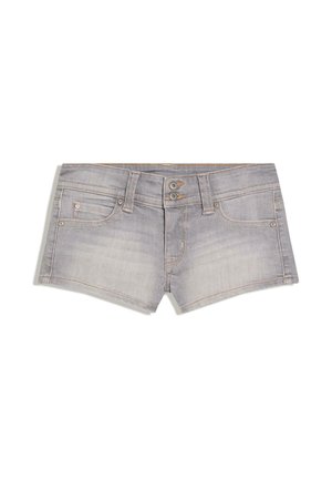 Grijze denimshorts met een versleten zoom, twee voorzakken, twee achterzakken en metalen knoopsluitingen. Subtiele stiksel details aan de randen.