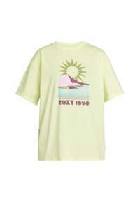 Vaaleanvihreä ylisuuri T-paita, joka on valmistettu puuvillasta ja jossa on graafinen kuva aurinkosta, vuorista ja "ROXY 1980" -tekstistä violetilla värillä.