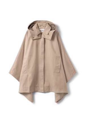 Poncho impermeabile beige con cappuccio, bottoni a pressione, tasche frontali e fodera interna a quadri, mostrato disteso su sfondo bianco.