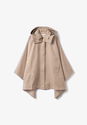 Poncho impermeabile beige con cappuccio, bottoni a pressione, tasche frontali e fodera interna a quadri, mostrato disteso su sfondo bianco.