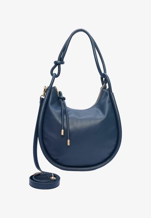 Borsa in pelle blu navy con forma curvata, manico annodato e hardware in tonalità oro. Inclusa una tracolla regolabile. Texture liscia.