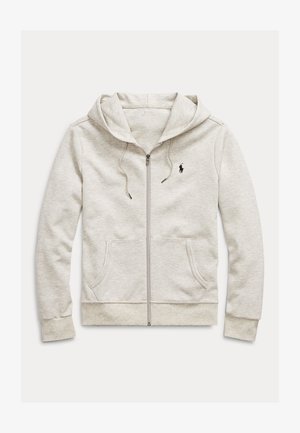 Sweat à capuche gris clair avec fermeture éclair, en tissu doux, doté d'une poche kangourou, d'une capuche à cordon de serrage et d'un petit logo noir sur la poitrine gauche.