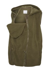 Γιλέκο χωρίς μανίκια από φλις σε ελαιί πράσινο χρώμα, με κουκούλα, μπροστινό φερμουάρ, κορδόνι στο τελείωμα και πλαϊνές τσέπες.