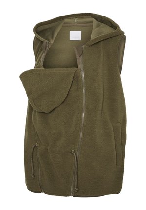 Bezrękawnik z polaru w kolorze oliwkowej zieleni z kapturem, zamkiem błyskawicznym z przodu, ściągaczem u dołu i bocznymi kieszeniami.