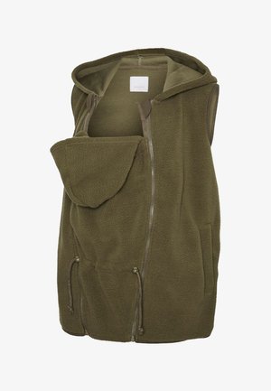 Olivgrüne Fleeceweste ohne Ärmel mit Kapuze, vorderem Reißverschluss, Kordelzug am Saum und seitlichen Taschen.