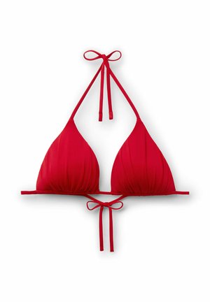 Červený trojúhelníkový horní díl bikin s halterovým výstřihem a zavazováním na krku a zádech, zobrazený na bílém pozadí.