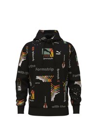 Felpa nera con cappuccio e loghi Puma multicolore, testo "Sportstyle" e "Formstrip" distribuito su tutta la stoffa, dotata di tasca frontale e cappuccio con cordino.