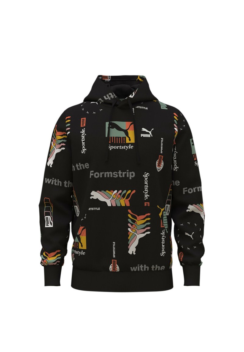 Felpa nera con cappuccio e loghi Puma multicolore, testo "Sportstyle" e "Formstrip" distribuito su tutta la stoffa, dotata di tasca frontale e cappuccio con cordino.