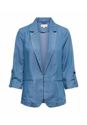 Blazer en denim bleu clair à manches longues avec poignets retroussés, revers à encoches, devant ouvert et deux poches fendues à l'avant.