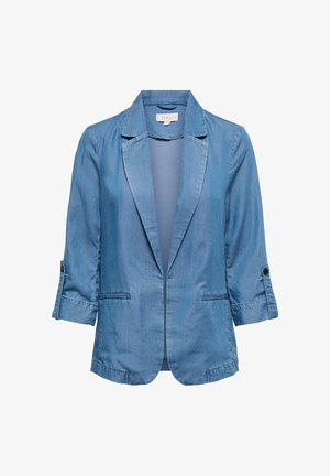 Blazer en denim bleu clair à manches longues avec poignets retroussés, revers à encoches, devant ouvert et deux poches fendues à l'avant.