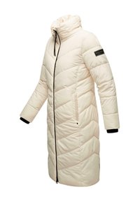 Light beige padded coat with chevron stitching, high collar, zipper front, and black accents on cuffs and shoulder. Features side pockets.