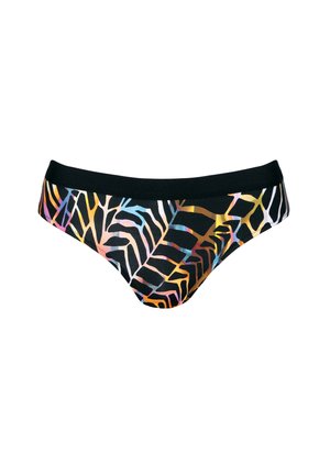 Czarne majtki bikini z kolorowym wzorem liści w odcieniach pomarańczowego, niebieskiego i różowego na czarnym tle; wykończone jednolitą czarną gumką w talii.