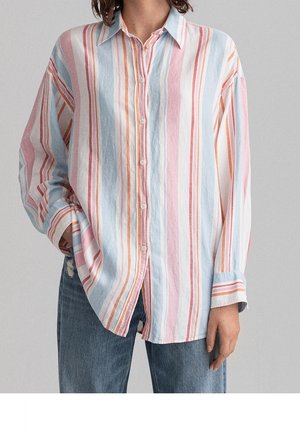 Personne portant une chemise boutonnée ample à rayures pastel avec des bandes verticales roses, bleues, blanches et orange, associée à un jean bleu.
