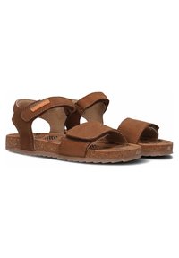 Brown suede sandals with adjustable Velcro straps, cork footbed, and textured rubber sole. Features open toe and side cutouts for breathability.