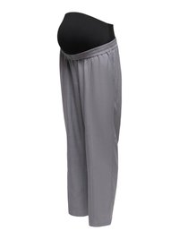 Pantalon de maternité gris clair avec une taille élastique noire, doté de poches latérales et d'une coupe décontractée pour plus de confort.