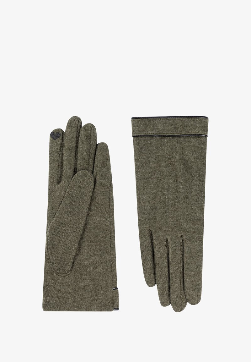 Pair of olive green knit gloves, one showing palm side with thumb patch, other showing back with cuff detail, small heart symbol on index finger.