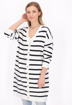 Cardigan cu dungi alb și bleumarin, material tricotat, croială oversized, decolteu în v, închidere cu nasturi frontal, manșete canelate și buzunare laterale.