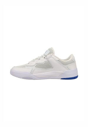 White athletic shoe with a mesh upper and leather accents. Features a rounded toe, lacing system, and blue detailing on the sole.