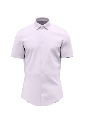 Korte mouwen button-up shirt in licht lavendel, met een gestructureerde kraag en subtiel textuurpatroon. Heeft zes knopen aan de voorkant.
